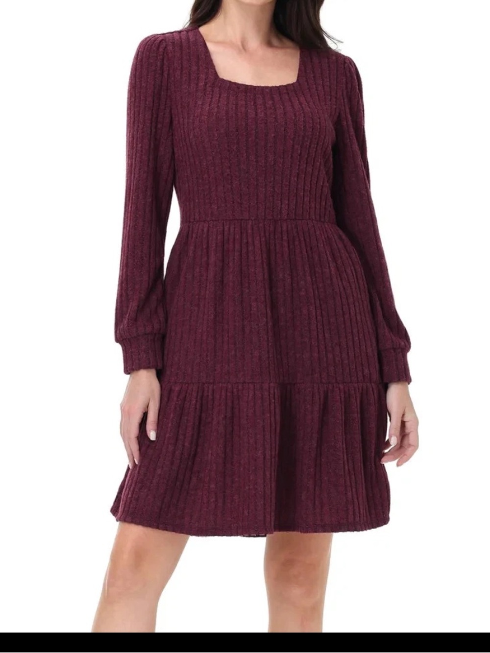 Frye Ribbed Knit Square Neck Long Sleeve Dress in Wine